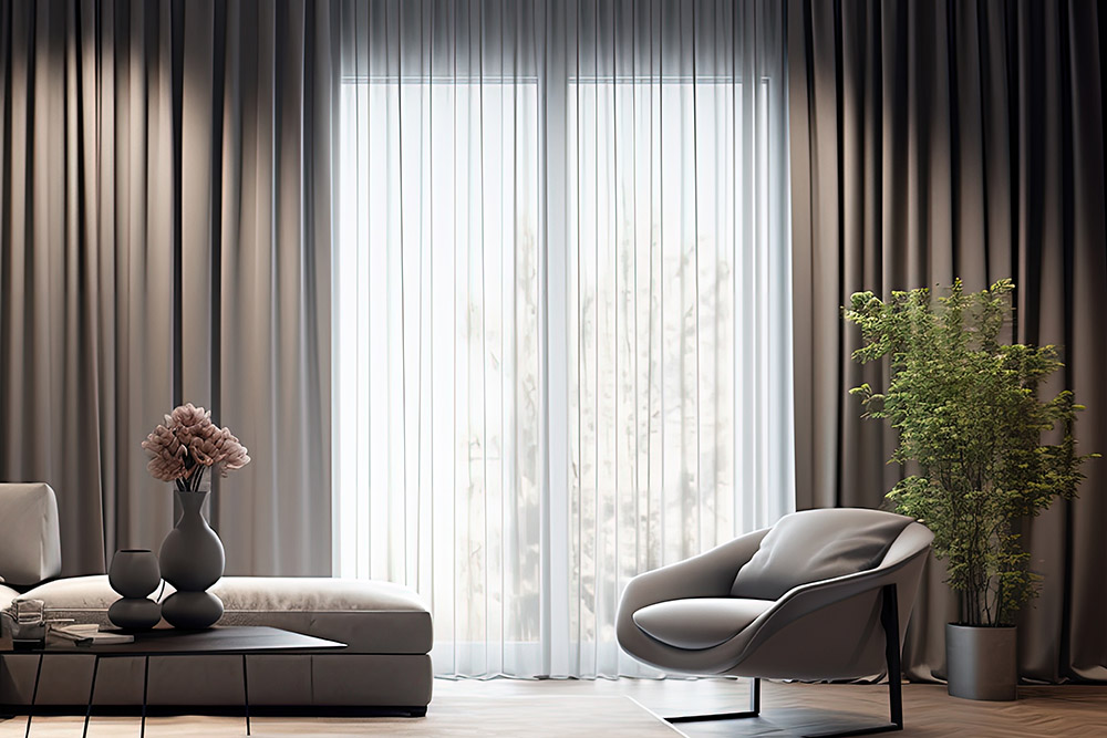 Sunlight shining through a grey curtain in a living room.