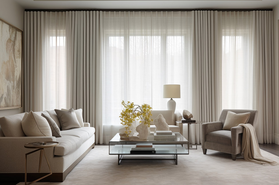 floor-to-ceiling curtains in neutral tones, created with generative ai