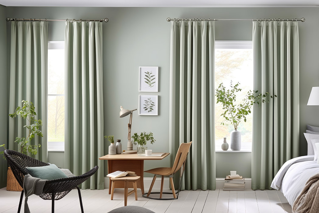 Modern bedroom, miminal interior design, window with simple curtains, lots of houseplants